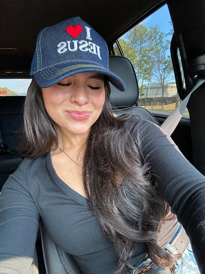 ‘I ❤️ Jesus’ Denim Embroidered Trucker Hat