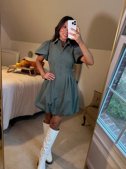 Olive Zip Up Bubble Dress