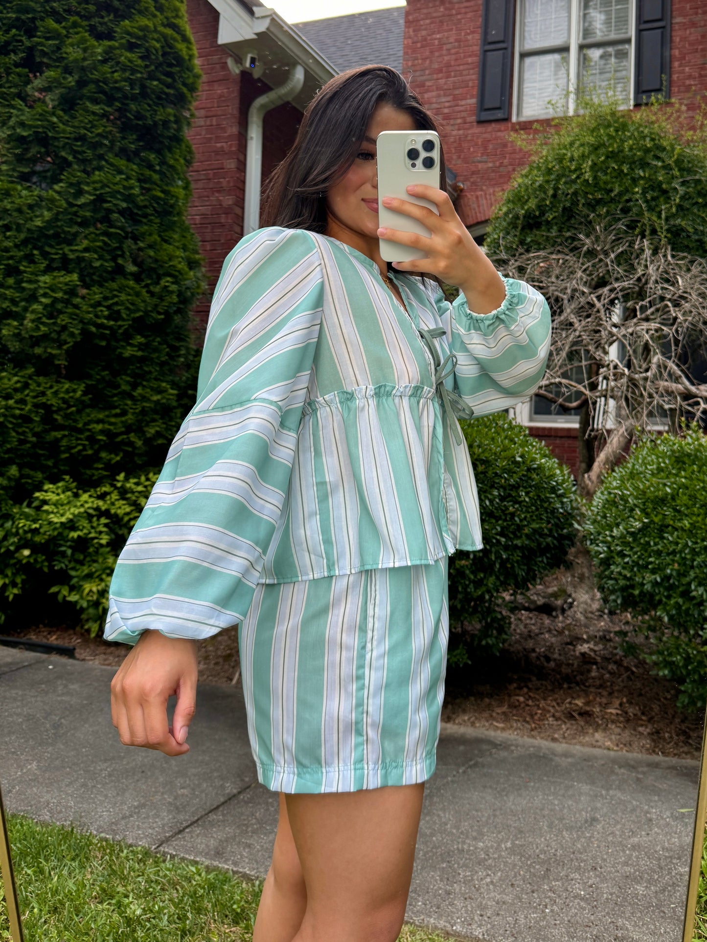 Sage Green Striped Open Front Top & Shorts Set