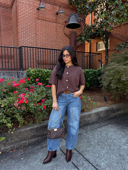 Chocolate Short Sleeve Button Up Cardigan