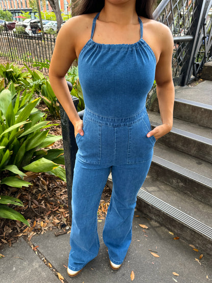 Showstopper Open Back Denim Jumpsuit