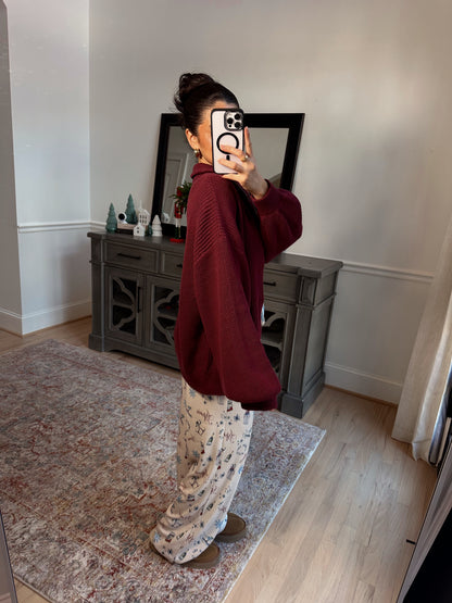 Burgundy Knit Zip Up Sweater