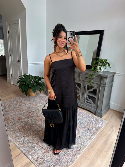 Statement Satin Chiffon Maxi Dress (Black)