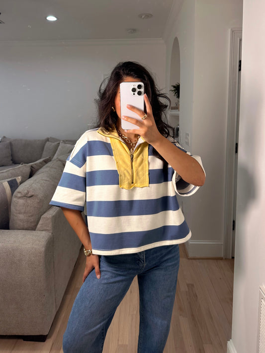 Blue & Yellow Zip-Up Polo Top