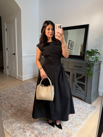 Black Magnolia Pleated Midi Dress