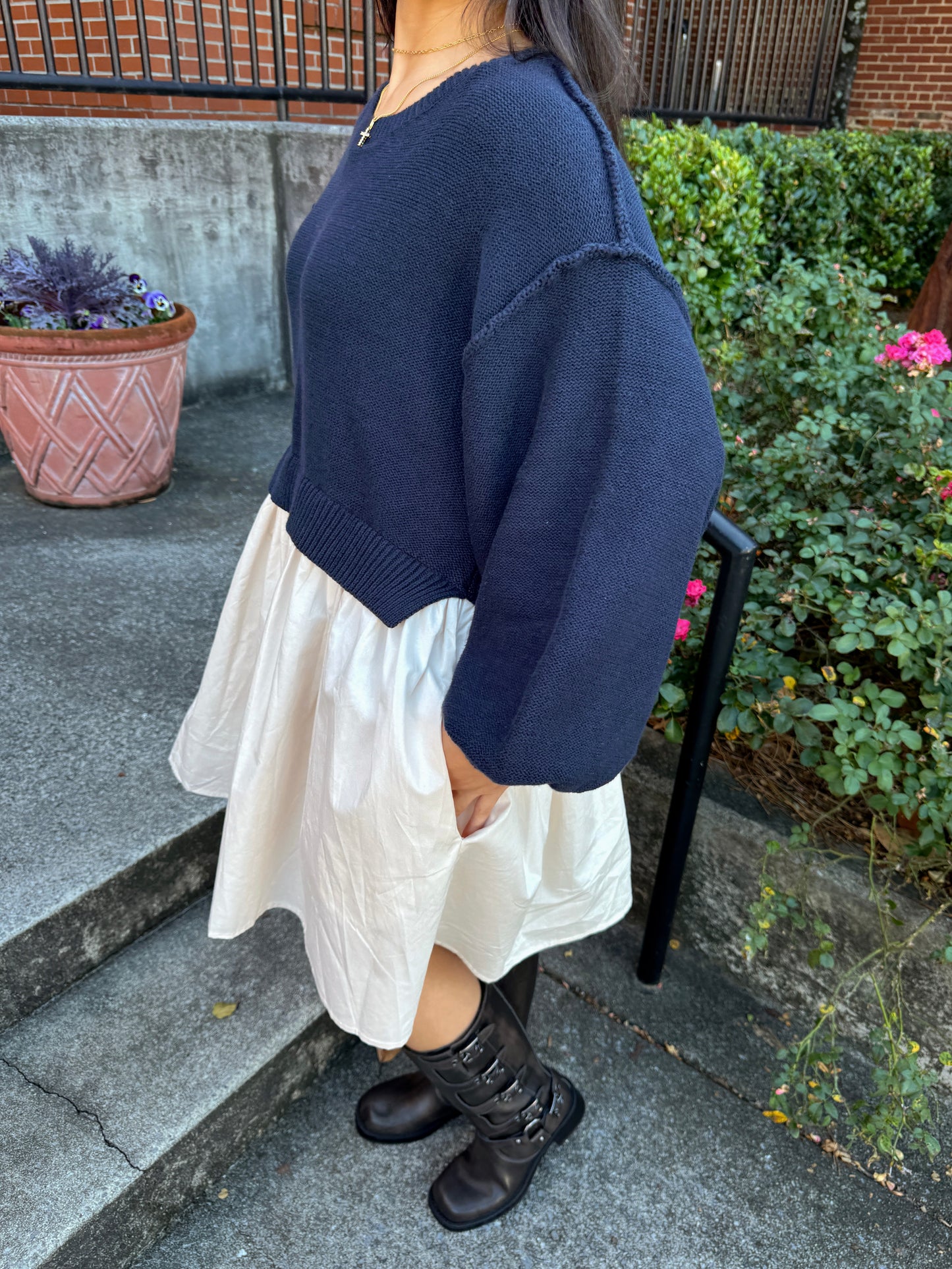 Navy & Beige Oversized Knit Sweater Dress