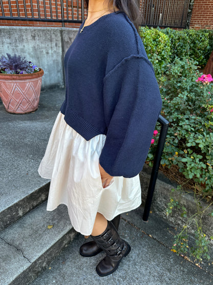 Navy & Beige Oversized Knit Sweater Dress
