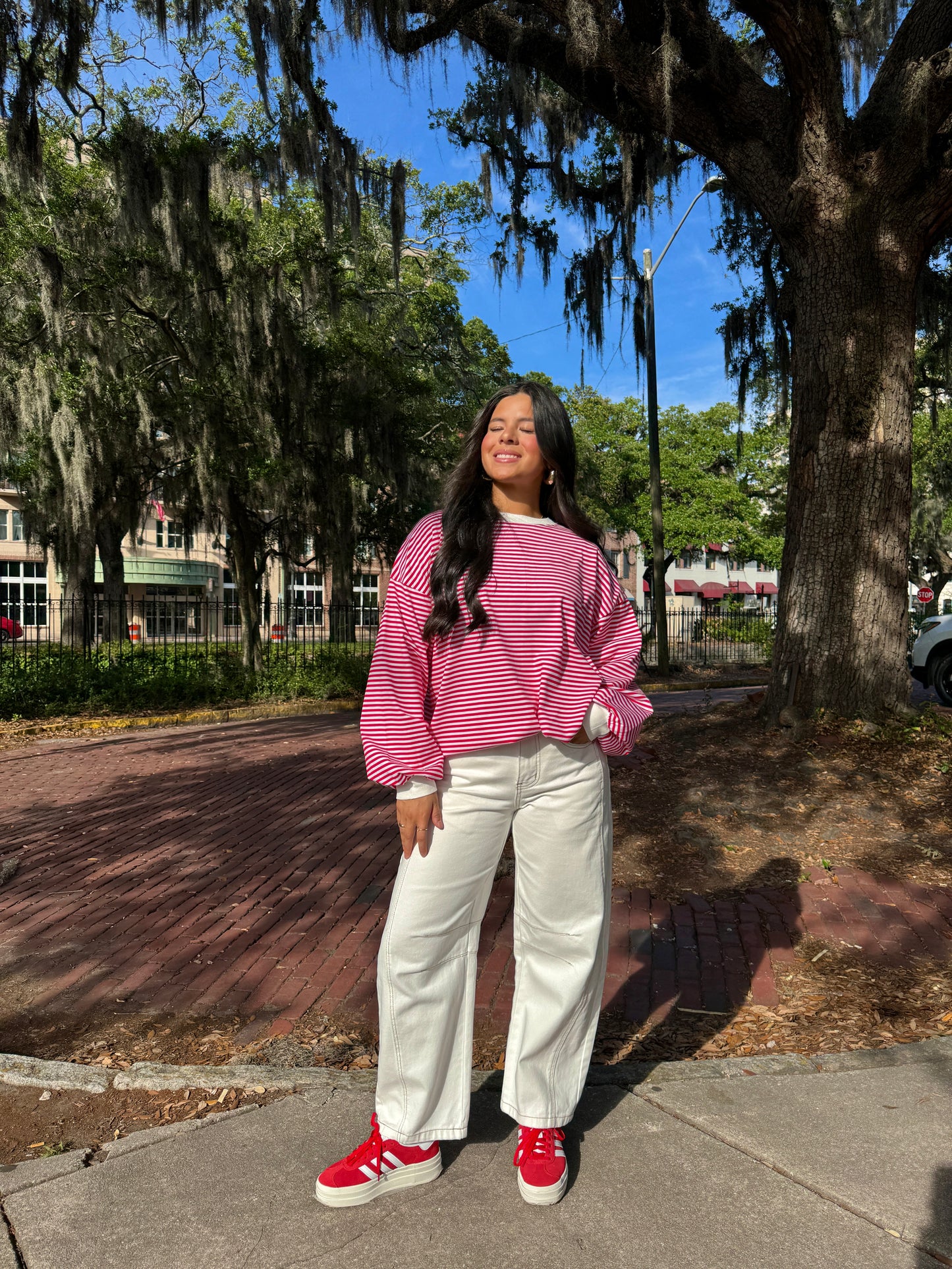 Red and White Striped Long Sleeve Tee