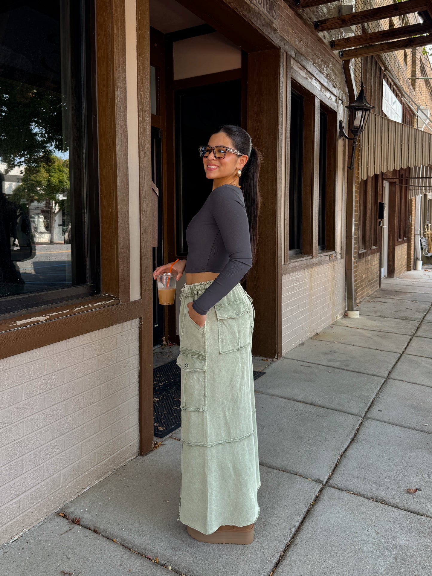 Sage Cargo Flowy Cropped Pants