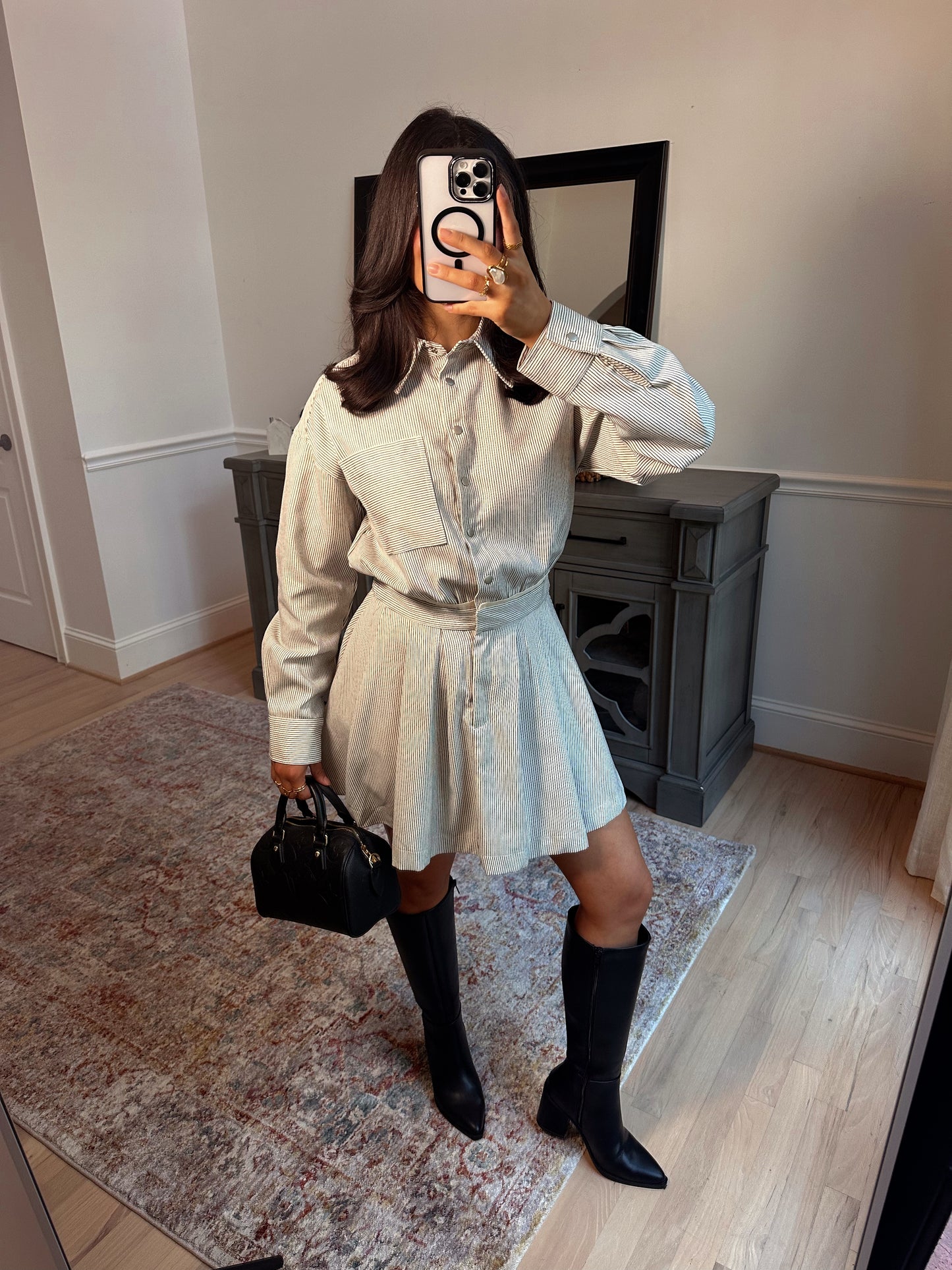 The Hostess Pinstripe Pleated Dress