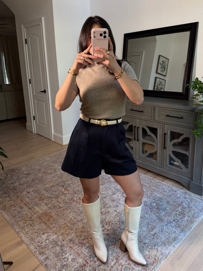 Navy Pleated Tailored Shorts