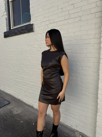 Dark Brown Pleather Ruched Dress