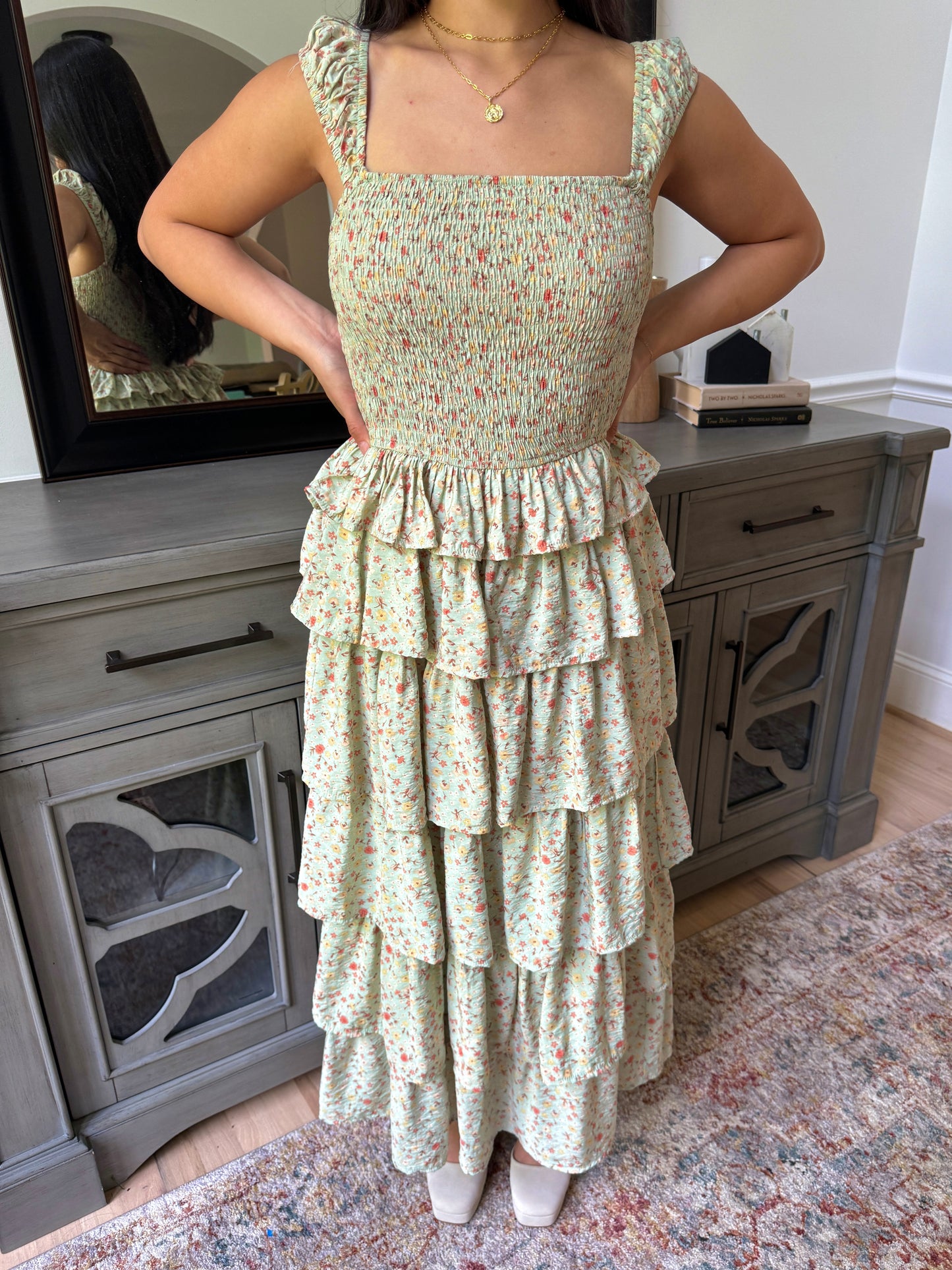 Sage Ditsy Floral Tiered Dress