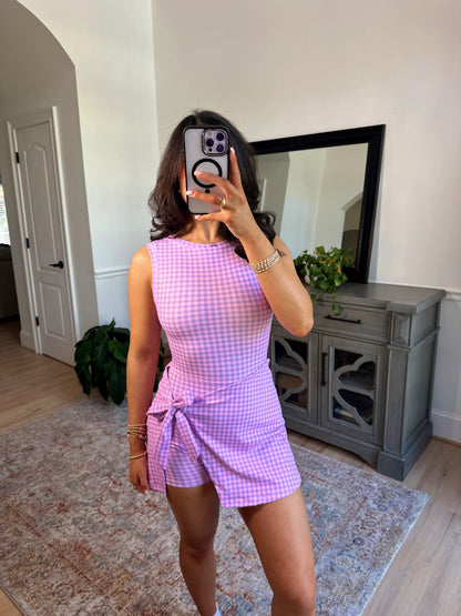 Purple Gingham Wrap Active Romper Dress