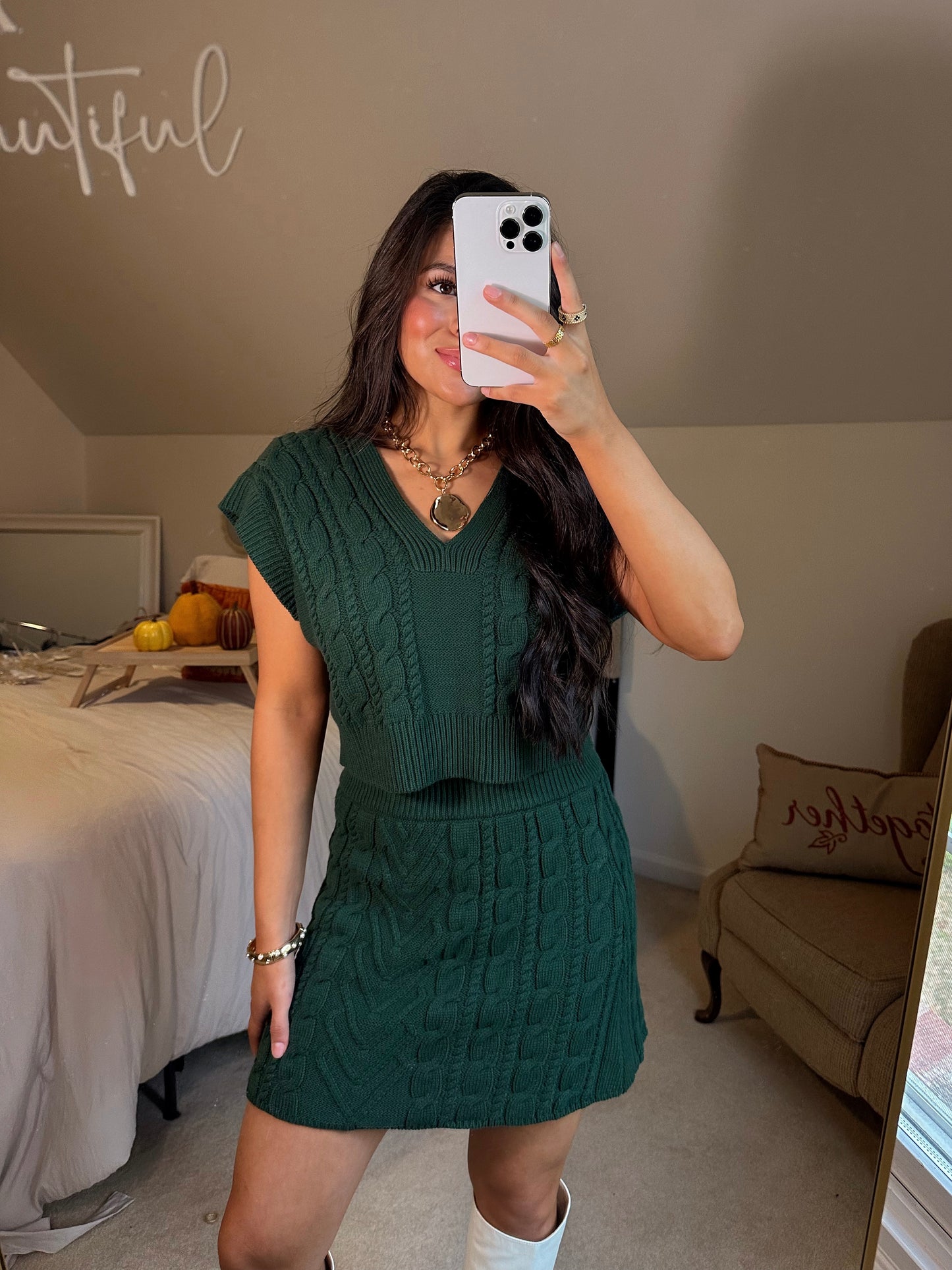 Dark Green Cable Knit Vest & Skirt Set