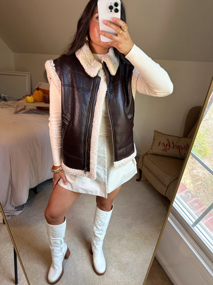 Brown Leather Sherpa Zip-Up Vest