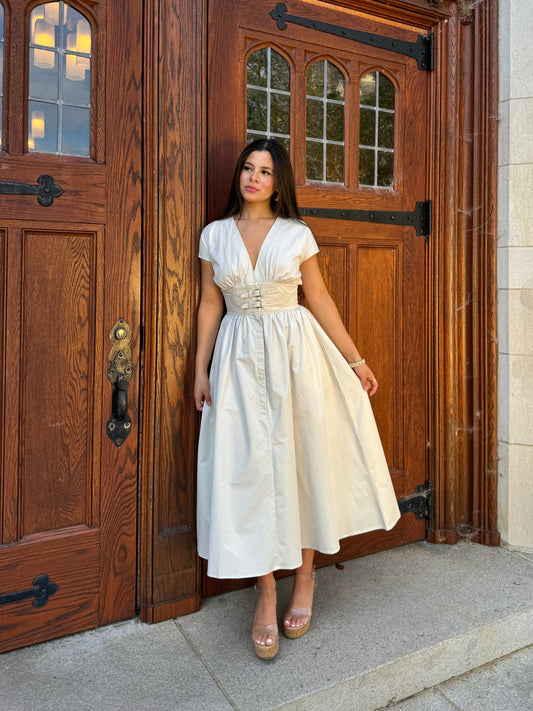 Beige Belted Buckle Dress