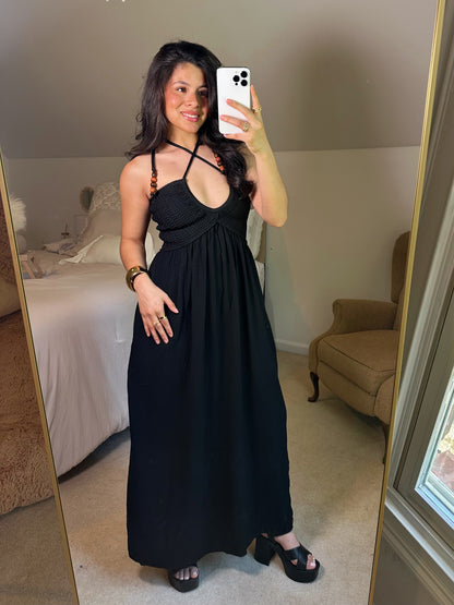 Vacation Black Halter Crochet Maxi Dress