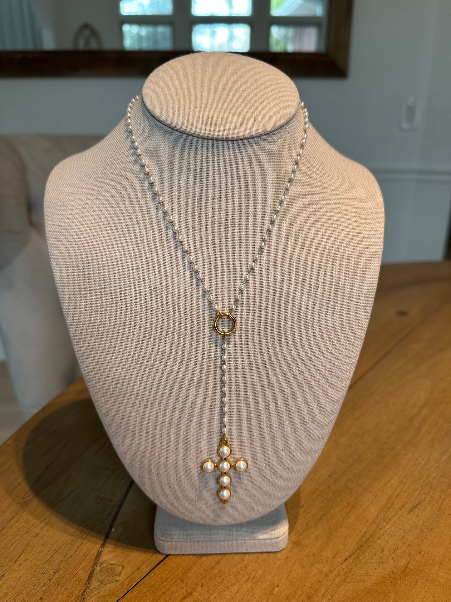 Cross Pearl Drop Necklace (Water Resistant)