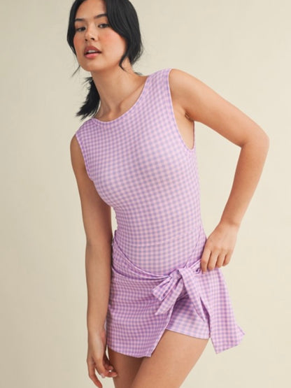 Purple Gingham Wrap Active Romper Dress
