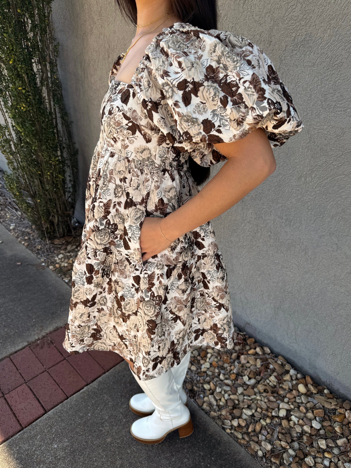 Brown Floral Jacquard Dress