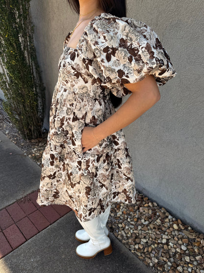 Brown Floral Jacquard Dress
