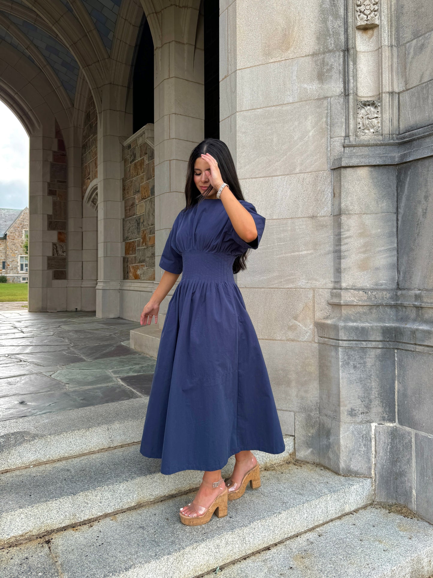 Navy Pleated Dress