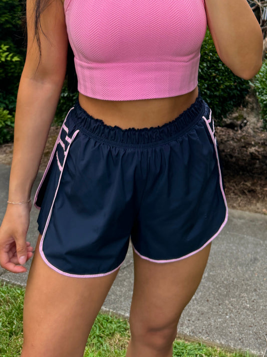 Navy & Pink Side Ruffle Shorts