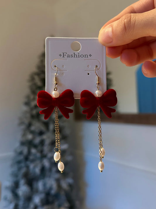 Red Velvet Bow Drop Earrings (Pearl & Gold)