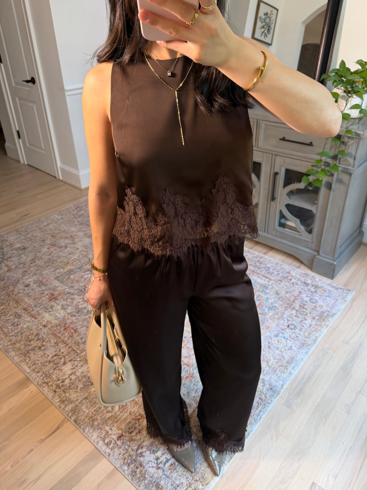 Espresso Brown Satin Top & Pants Set