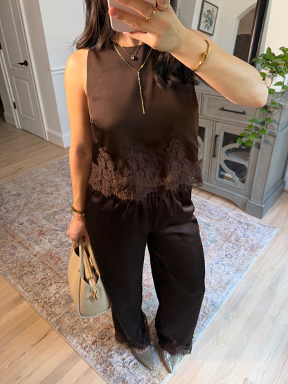 Espresso Brown Satin Top & Pants Set