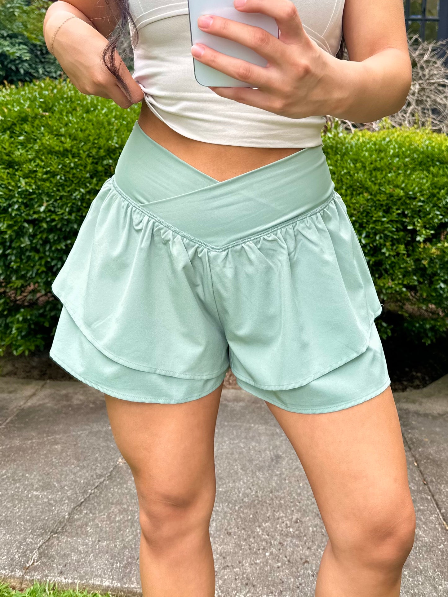 Sage V-Cross Waist Ruffle Shorts