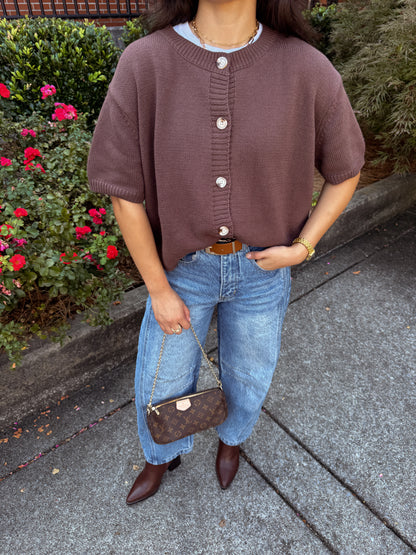 Chocolate Short Sleeve Button Up Cardigan