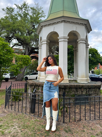 High-Low Distressed Denim Skirt