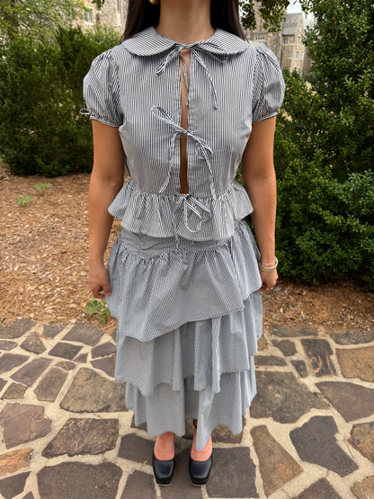 Black & White Striped Open-Front Bow Blouse