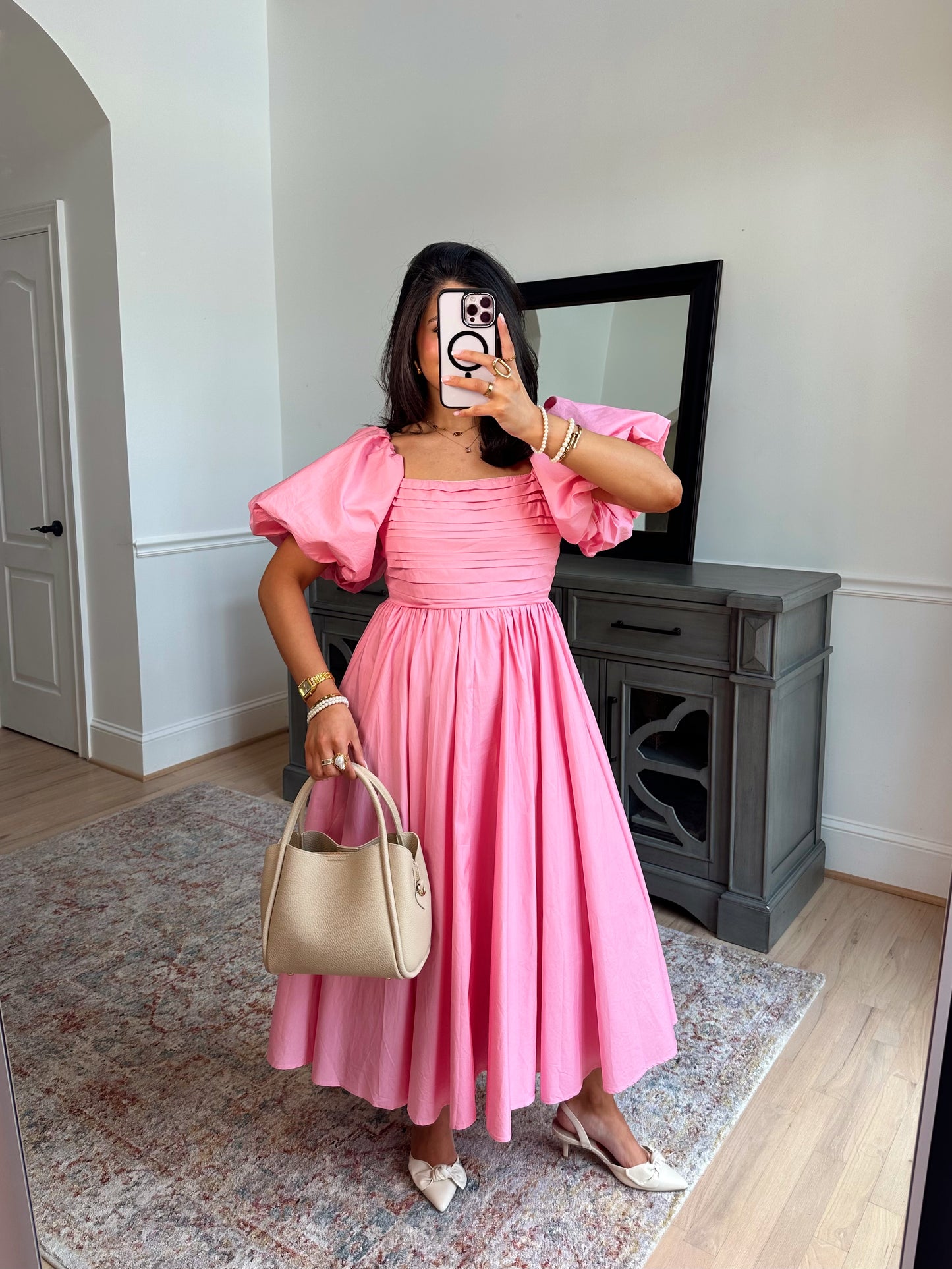 Pink Tulip Puff Sleeve Midi Dress