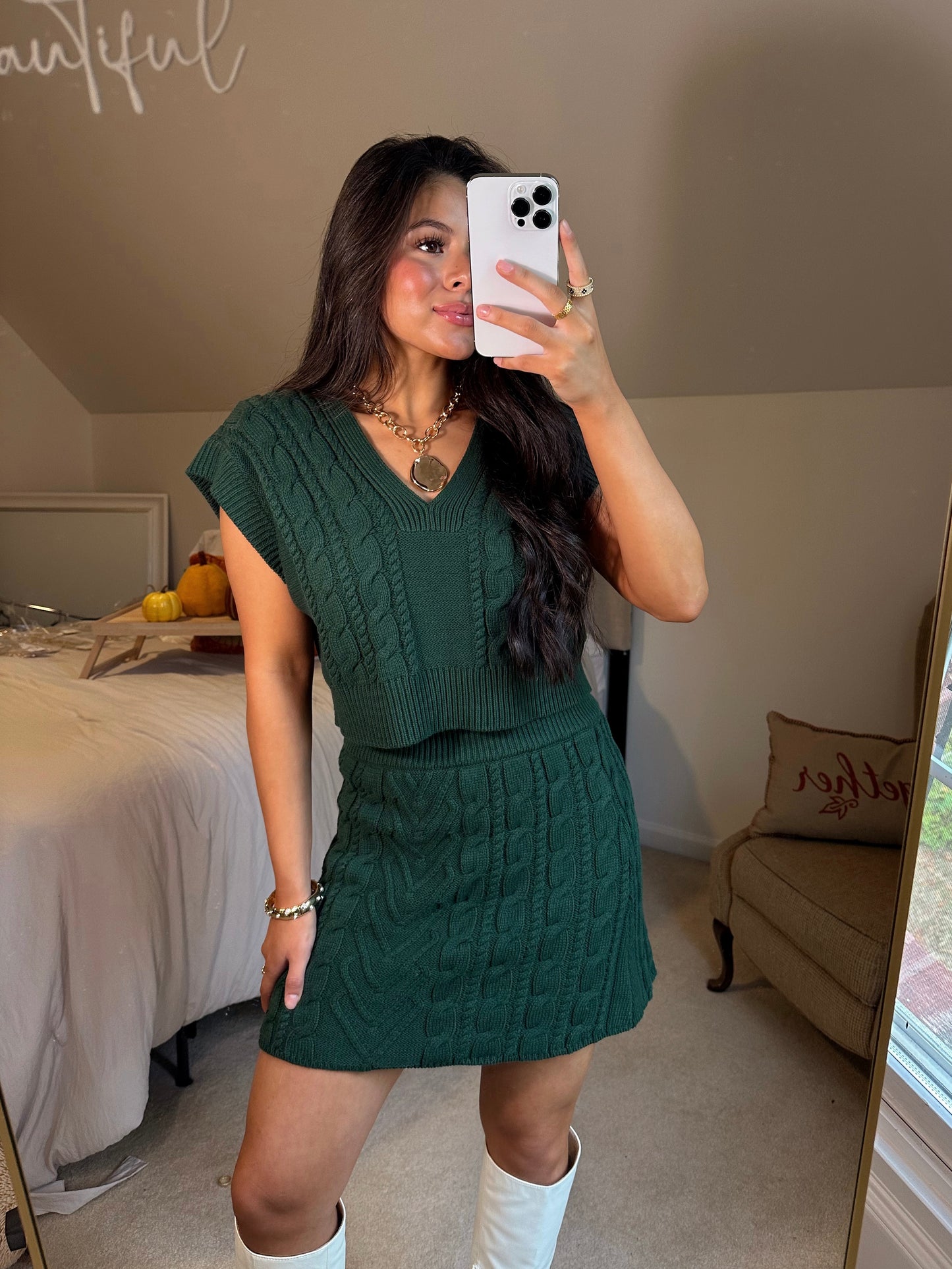 Dark Green Cable Knit Vest & Skirt Set