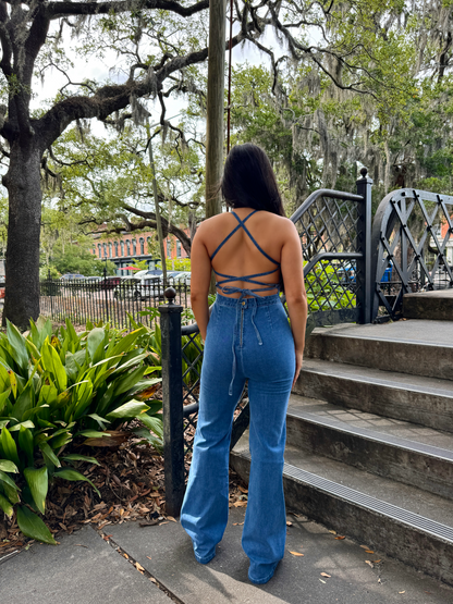 Showstopper Open Back Denim Jumpsuit