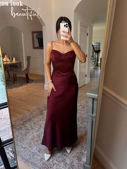 Burgundy Satin Top & Skirt Set