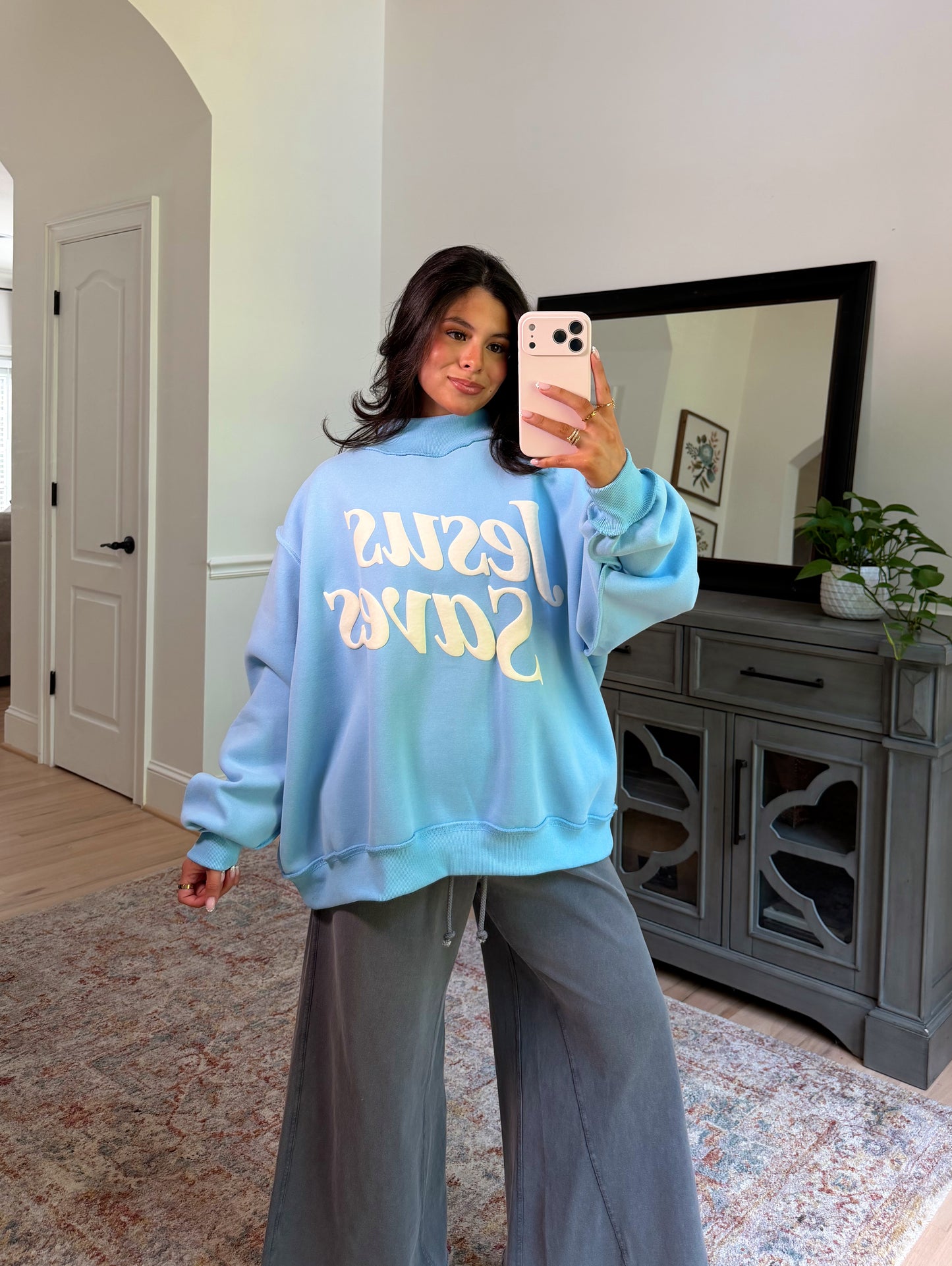 ‘Jesus Saves’ Puff Blue Mockneck