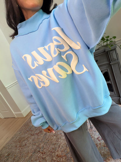 ‘Jesus Saves’ Puff Blue Mockneck