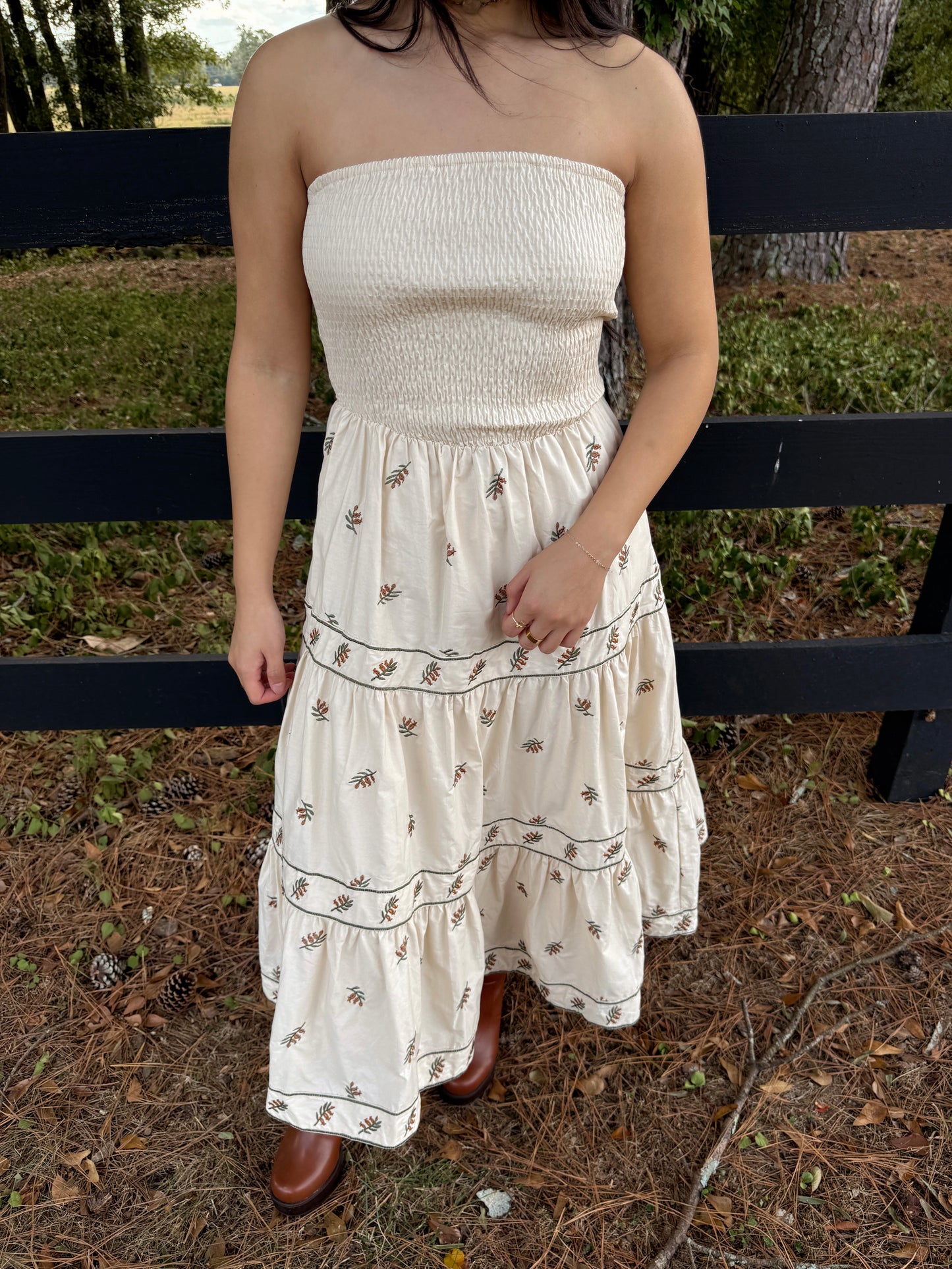 Beige Floral Embroidered Strapless Dress