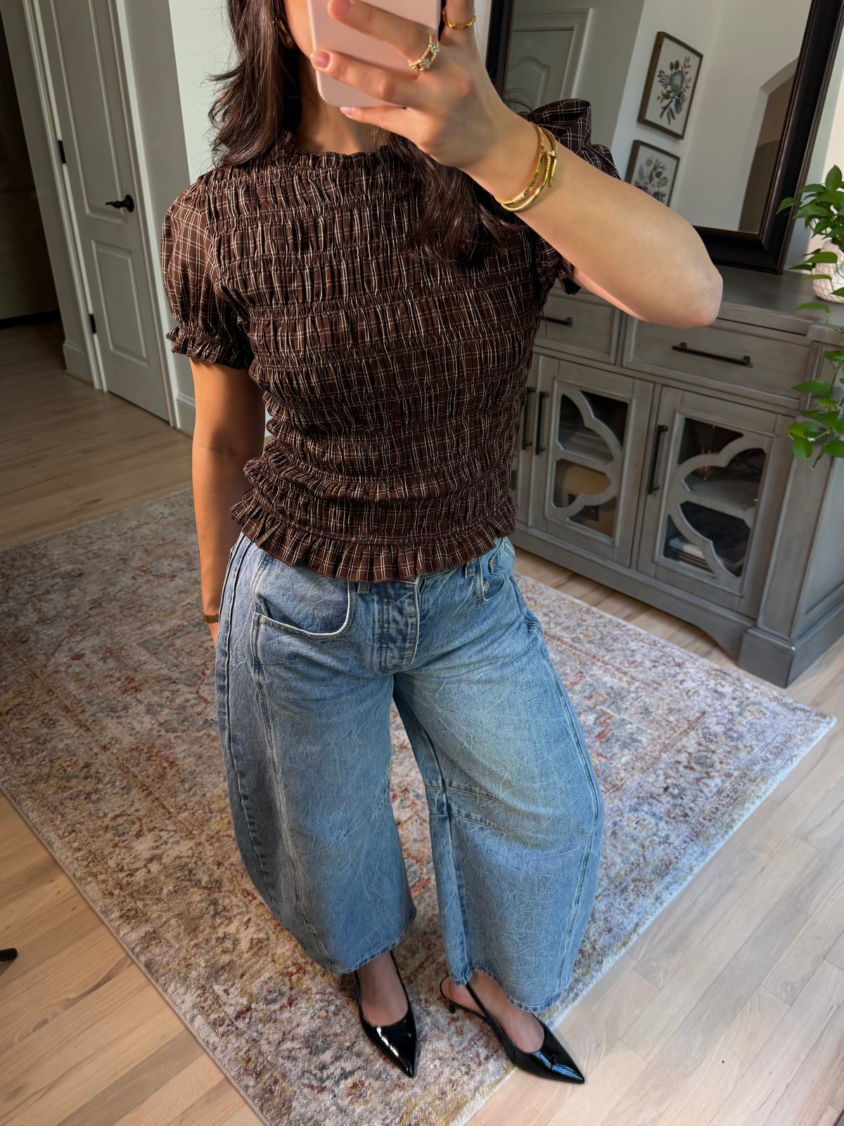 Anne Brown Plaid Scrunch Top
