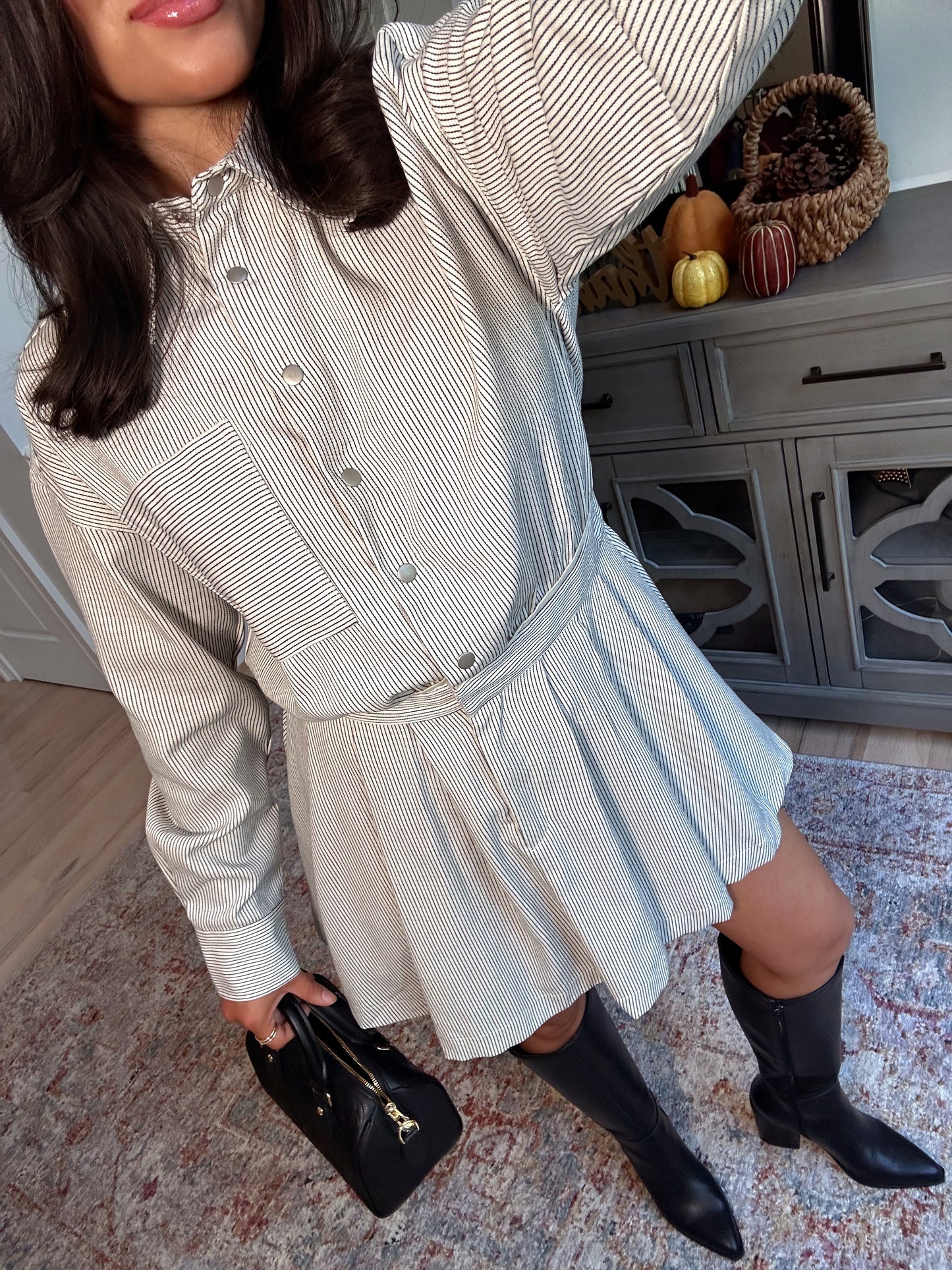 The Hostess Pinstripe Pleated Dress