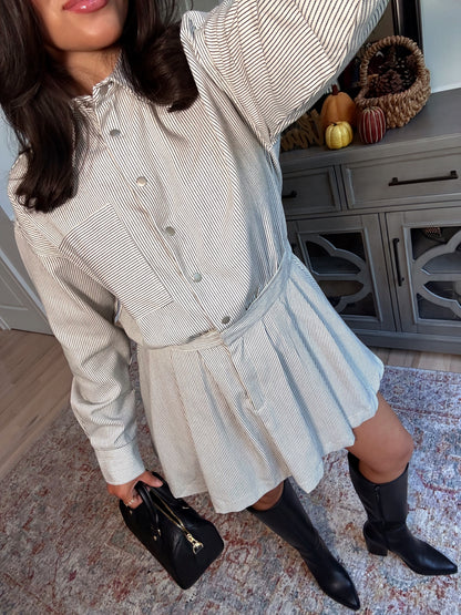 The Hostess Pinstripe Pleated Dress