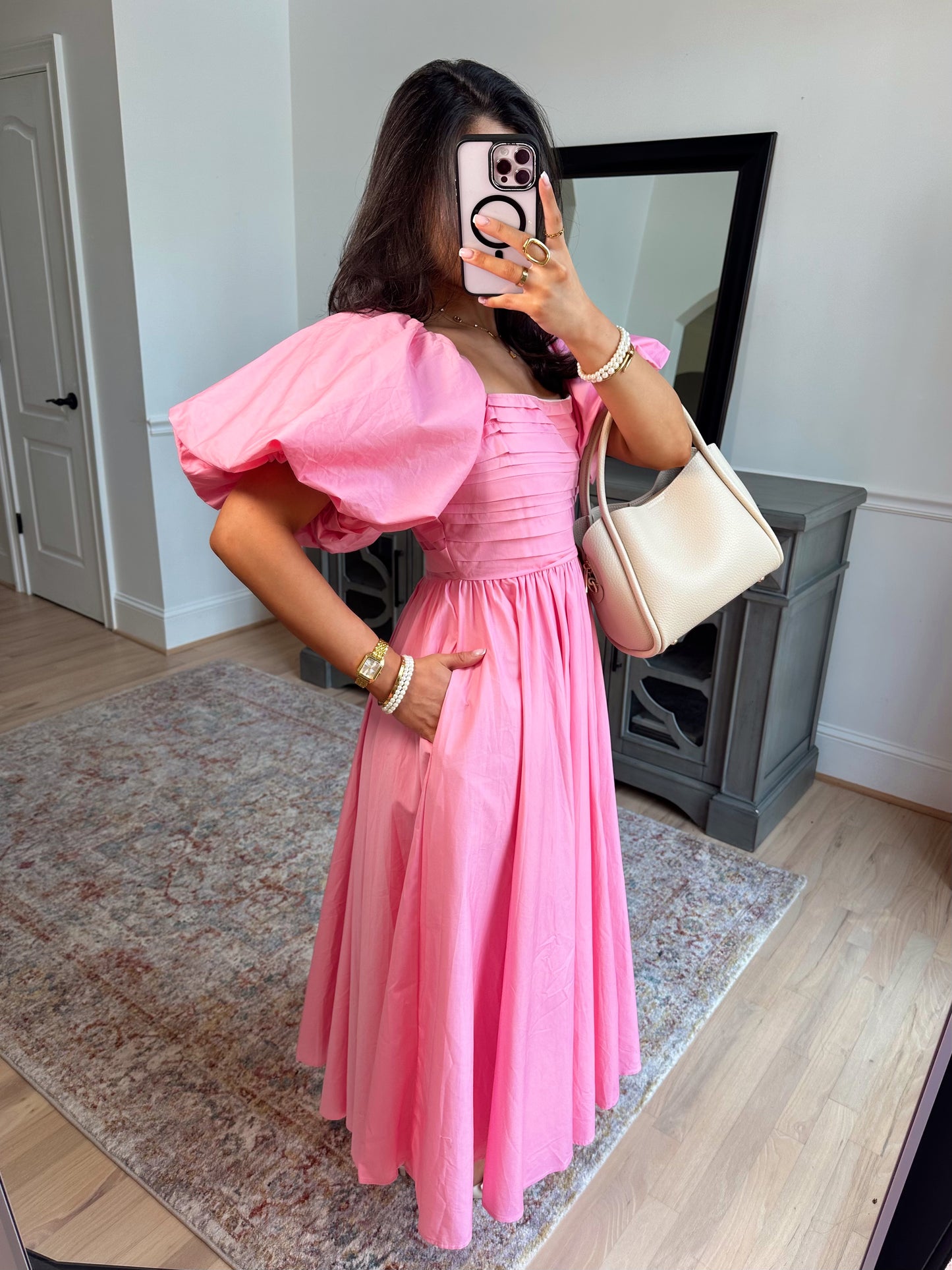 Pink Tulip Puff Sleeve Midi Dress