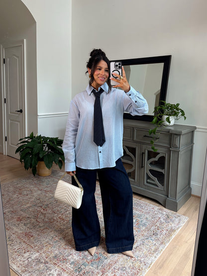Power & Poise Pinstripe Blouse W/ Tie