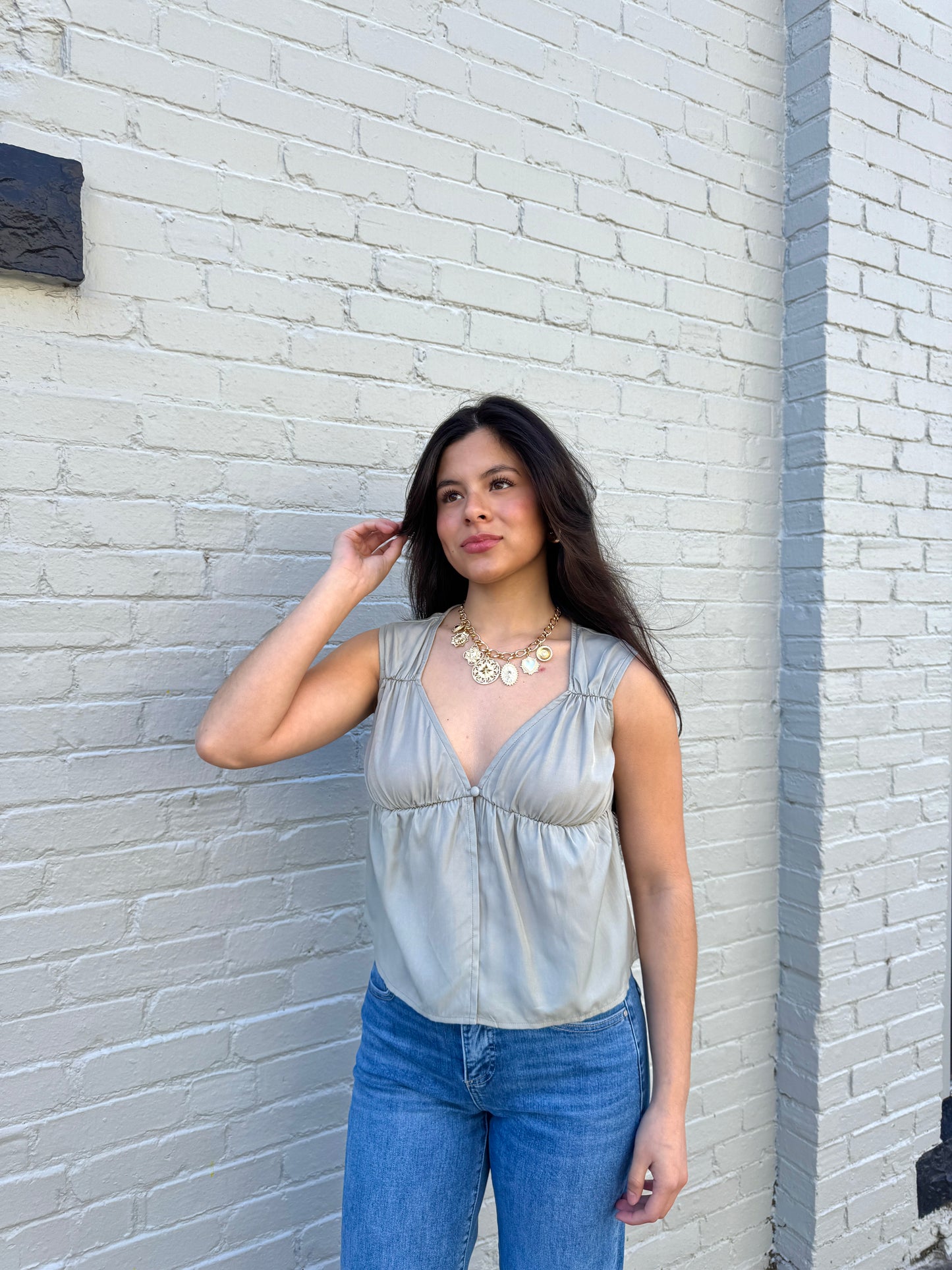 Dove Grey Button Ruched Top