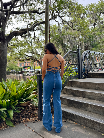 Showstopper Open Back Denim Jumpsuit