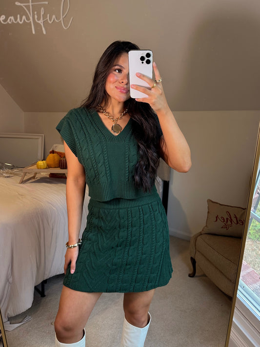 Dark Green Cable Knit Vest & Skirt Set